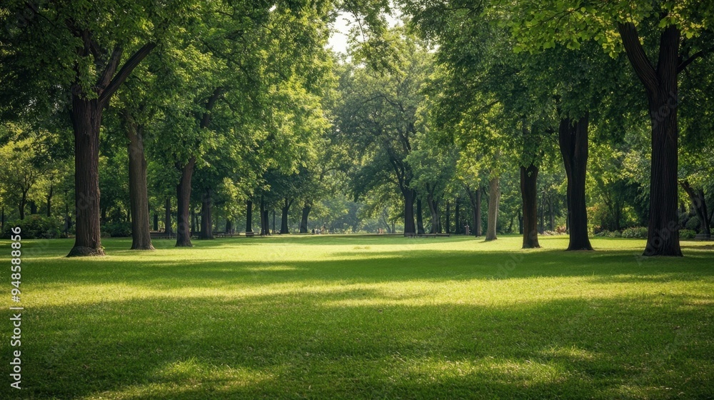 Tranquil park scene with trees and open space, providing a natural backdrop with room for text or graphics Tranquil park scene with trees and open space, providing a natural backdrop with room for text or graphics