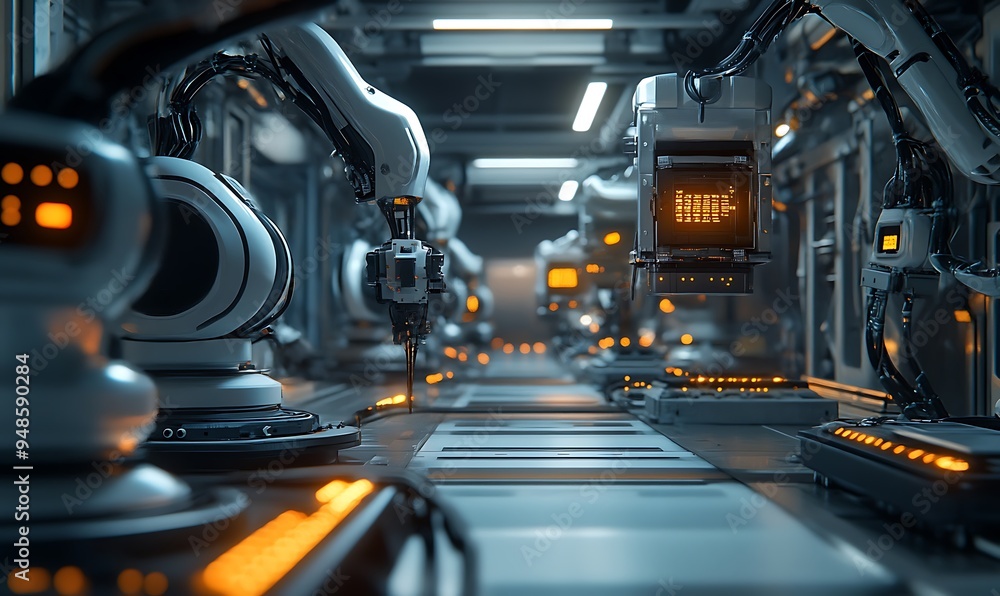 Fototapeta premium Modern Factory Floor with Robotic Arms and AI-Managed Machinery, Sterile and Precise Environment, Photo Realistic