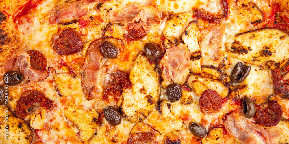 pizza chicken meat, sausages, olives, cheese, tomato sauce.fresh meal food snack on the table copy space food background rustic top view pizza chicken meat, sausages, olives, cheese, tomato sauce.fresh meal food snack on the table copy space food background rustic top view