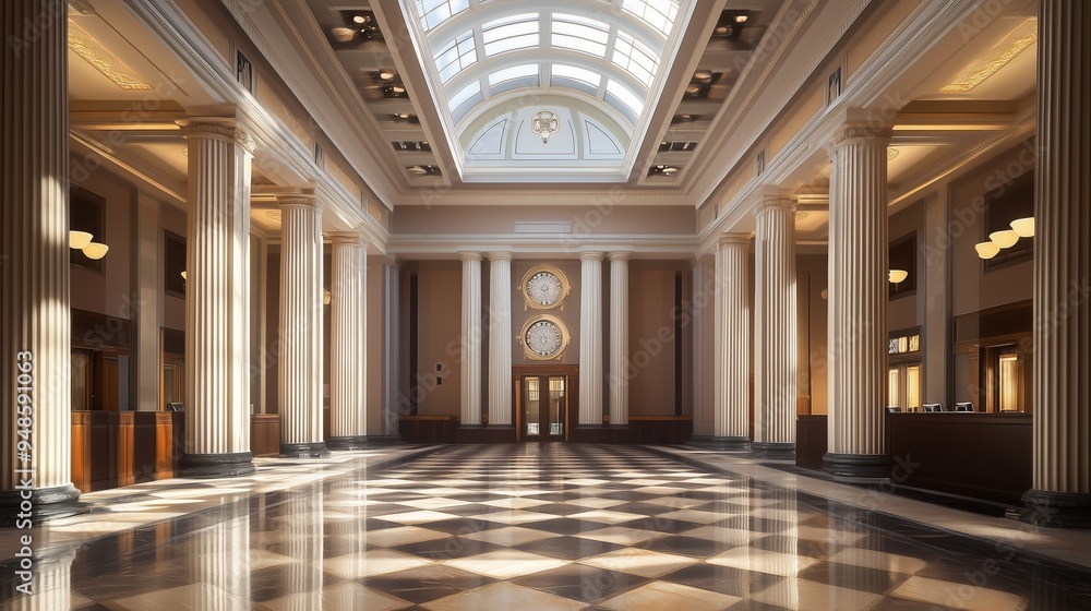 Elegant interior of a grand hall with high ceilings and intricate columns during midday sunlight Elegant interior of a grand hall with high ceilings and intricate columns during midday sunlight