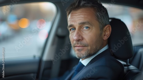 Business executive commuting to work in the back seat of a car during morning rush hour