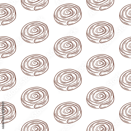Cinnamon Roll seamless pattern in lone art style. Bakery wrapping paper with cinnamon bun wrapping, fabric, textile, surface, web and print design. Vector illustration on a white background.