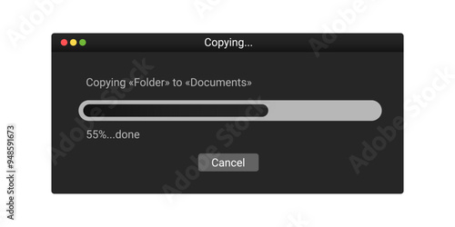 Modern window with copying files in dark color. Sharing files to folder loading window.