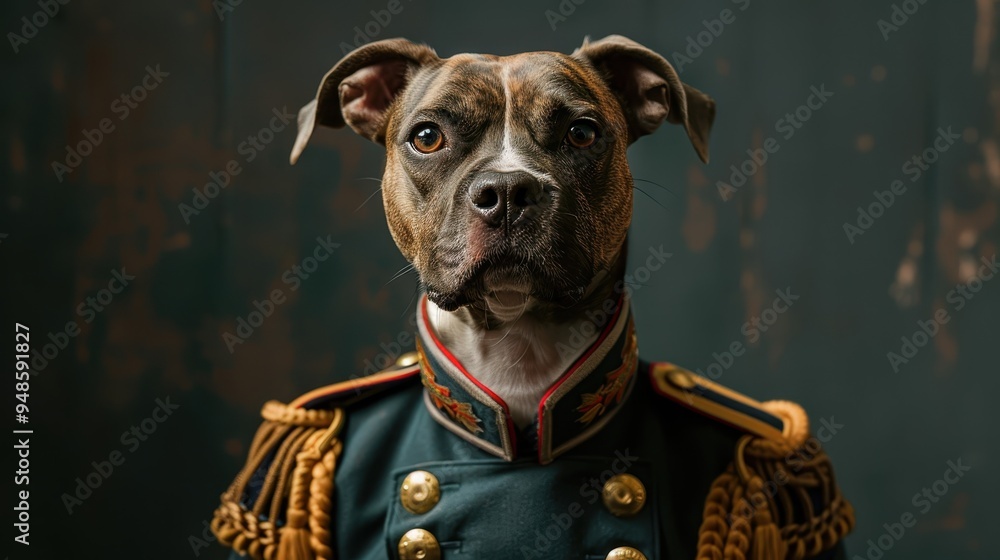 Obraz premium A noble dog in a historic military uniform posing against a dark backdrop
