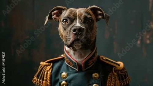 A noble dog in a historic military uniform posing against a dark backdrop photo