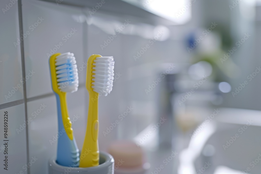 Bright and colorful toothbrushes in a clear holder. Ideal for promoting dental care and hygiene. Perfect for marketing products related to oral health. Generative AI Bright and colorful toothbrushes in a clear holder. Ideal for promoting dental care and hygiene. Perfect for marketing products related to oral health. Generative AI