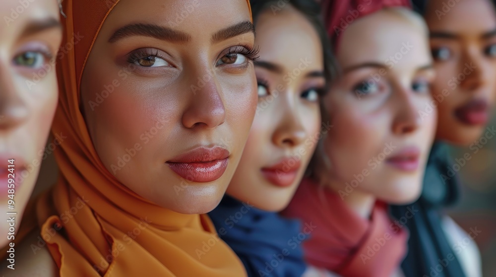 A diverse group of women stands united, showcasing strength in a vibrant setting A diverse group of women stands united, showcasing strength in a vibrant setting