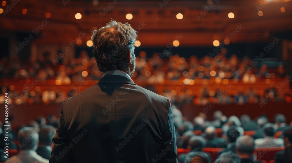Audience engaged in a conference hall during a business presentation in the evening Audience engaged in a conference hall during a business presentation in the evening