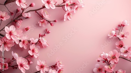 Spring cherry blossoms flat lay design with sakura branches and soft pink background