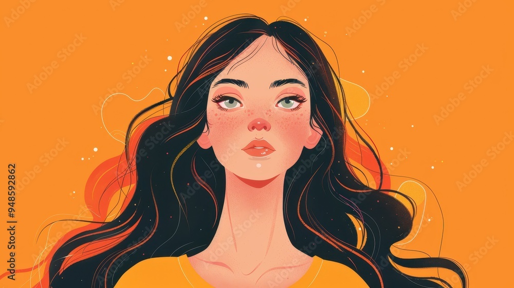 Flat style vector portrait of a young woman with long hair against an orange background Flat style vector portrait of a young woman with long hair against an orange background