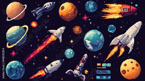 8bit pixel art game asset collection, featuring space planets, rockets, and starcraft, alongside a vector font and pixelated photo