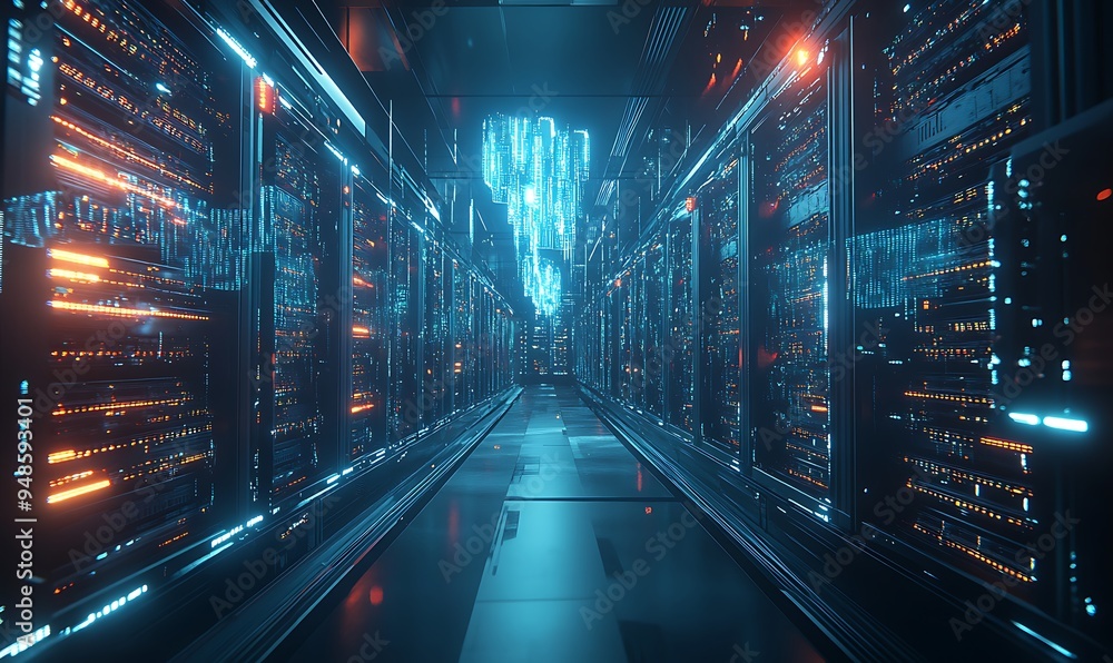 Obraz premium Advanced AI-Controlled Server Room with Glowing Servers and Holographic Interfaces, Technological Sophistication, Photo Realistic