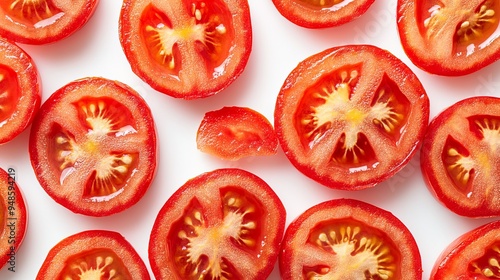 Fresh tomato slices on a white isolated background, ideal for culinary, health, and food-related projects. The vibrant red of the tomatoes contrasts with the clean white background, highlighting their