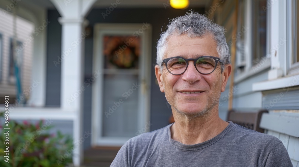 middle aged man with glasses in front of his house middle aged man with glasses in front of his house