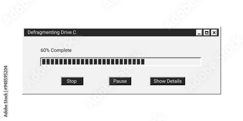Old installation window in black color on screen. Loading window in retro style.