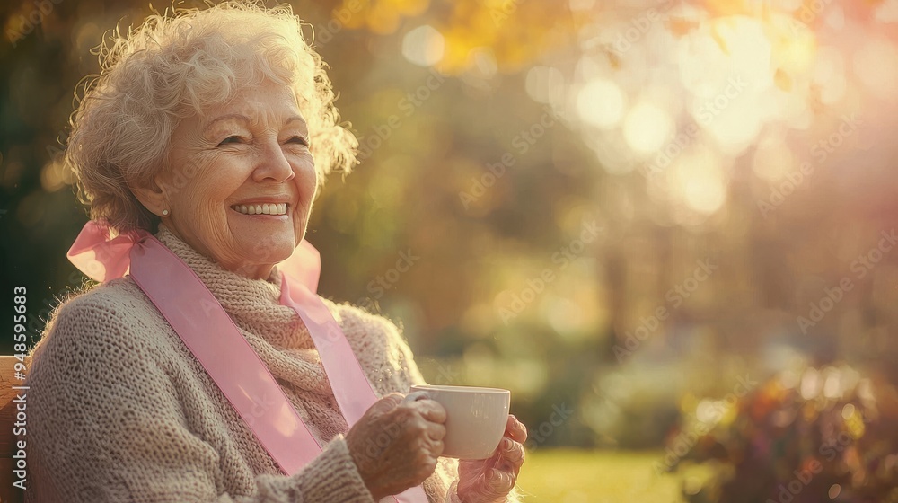 A senior woman with a warm smile, wearing a pink ribbon and sitting in a sunlit garden, with a cup of tea in her hands, symbolizing the joy and peace found in everyday moments after surviving breast A senior woman with a warm smile, wearing a pink ribbon and sitting in a sunlit garden, with a cup of tea in her hands, symbolizing the joy and peace found in everyday moments after surviving breast