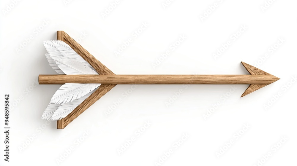 Elegant long wooden arrow with white feathers on a bright background, showcasing craftsmanship and natural beauty in a high-resolution setting Elegant long wooden arrow with white feathers on a bright background, showcasing craftsmanship and natural beauty in a high-resolution setting
