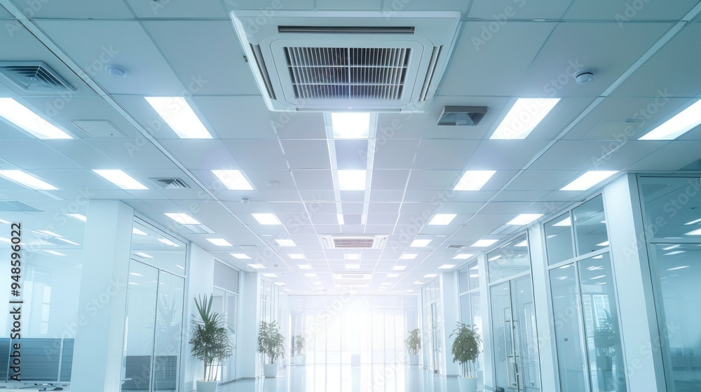 A bright office space is shown with ceiling-mounted air conditioners and ventilation systems A bright office space is shown with ceiling-mounted air conditioners and ventilation systems
