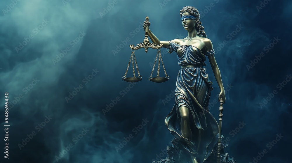 Fototapeta premium Bronze statue of the Goddess of Justice Themis.Copy space. Based on Generative AI