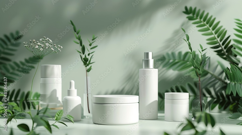 Natural cosmetics display with eco-friendly containers and greenery in serene, well-lit setting Natural cosmetics display with eco-friendly containers and greenery in serene, well-lit setting