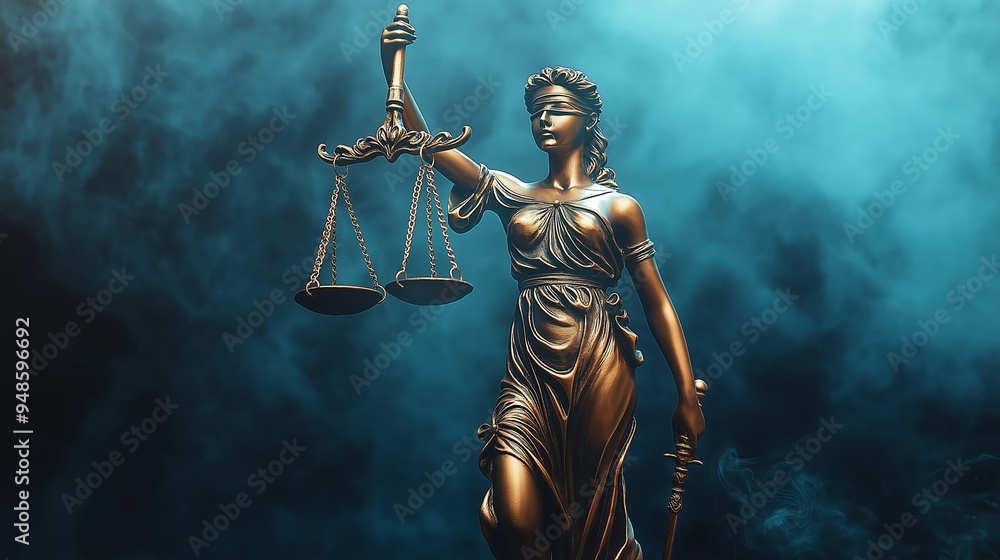 Fototapeta premium Bronze statue of the Goddess of Justice Themis.Copy space. Based on Generative AI