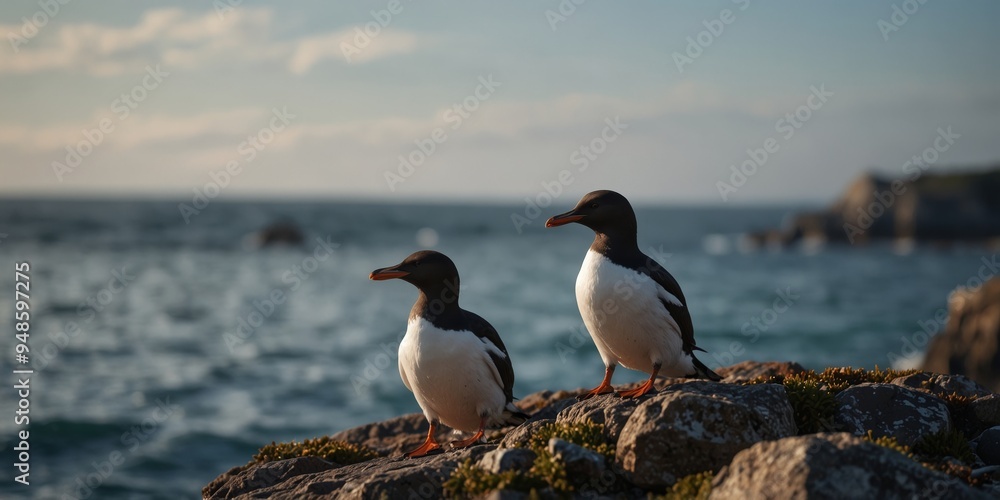 Fototapeta premium A Guillemots Perched on a Rock at the Edge of the Ocean.
