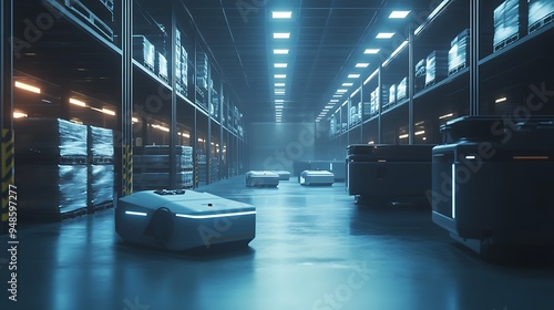 Futuristic AI-Powered Warehouse with Autonomous Robots and Organized Inventory, Efficient and High-Tech Environment, Photo Realistic photo