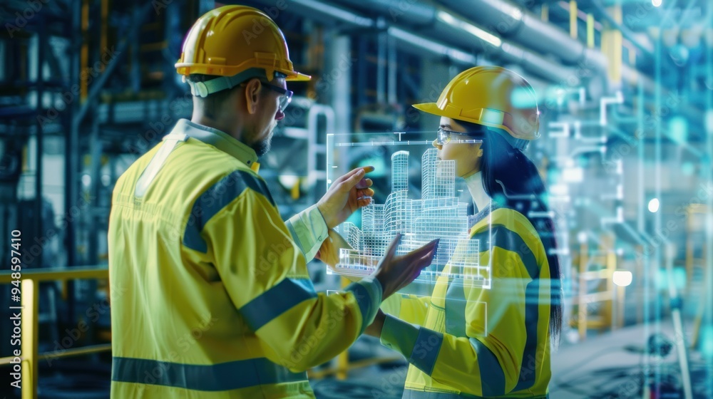 Architects use augmented reality software on tablet computers to visualize and plan construction projects. Detailed 3D models of the building are displayed in the holographic interface. Architects use augmented reality software on tablet computers to visualize and plan construction projects. Detailed 3D models of the building are displayed in the holographic interface.