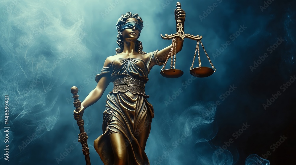 Fototapeta premium Bronze statue of the Goddess of Justice Themis.Copy space. Based on Generative AI