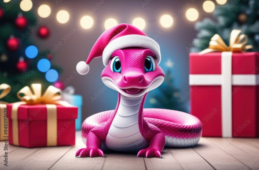 Close-up. A cute pink lizard with a Santa Claus hat sits on a decorated Christmas tree with gifts. Year of the snake. New Year. Close-up. A cute pink lizard with a Santa Claus hat sits on a decorated Christmas tree with gifts. Year of the snake. New Year.