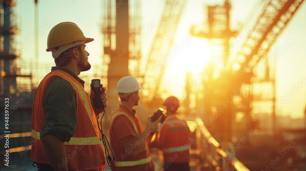 Construction workers observe site progress during sunset, emphasizing teamwork and safety in busy urban environment. Construction workers observe site progress during sunset, emphasizing teamwork and safety in busy urban environment.