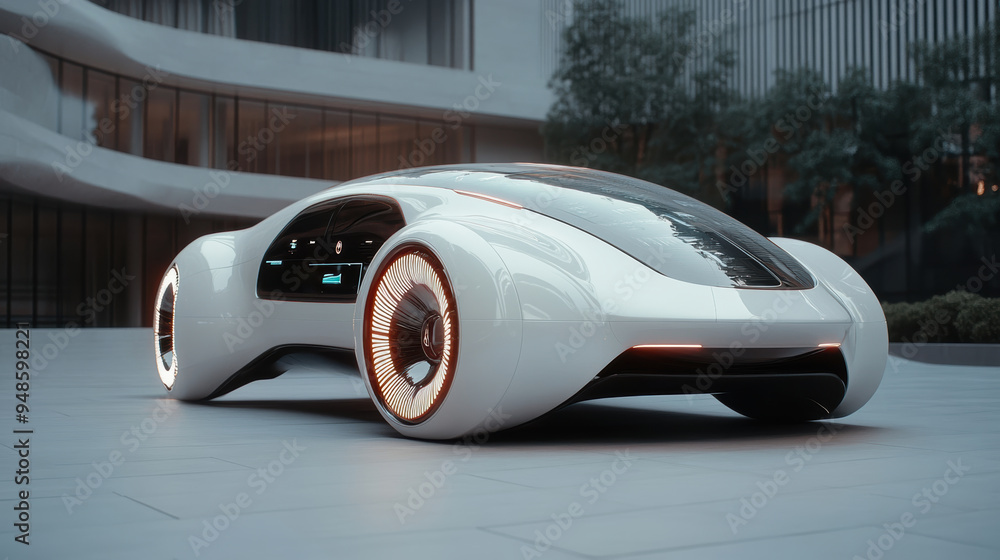 The futuristic compact car, with its modern, rounded design, is displayed in an urban setting, enhanced by sleek architecture and gentle lighting. The futuristic compact car, with its modern, rounded design, is displayed in an urban setting, enhanced by sleek architecture and gentle lighting.