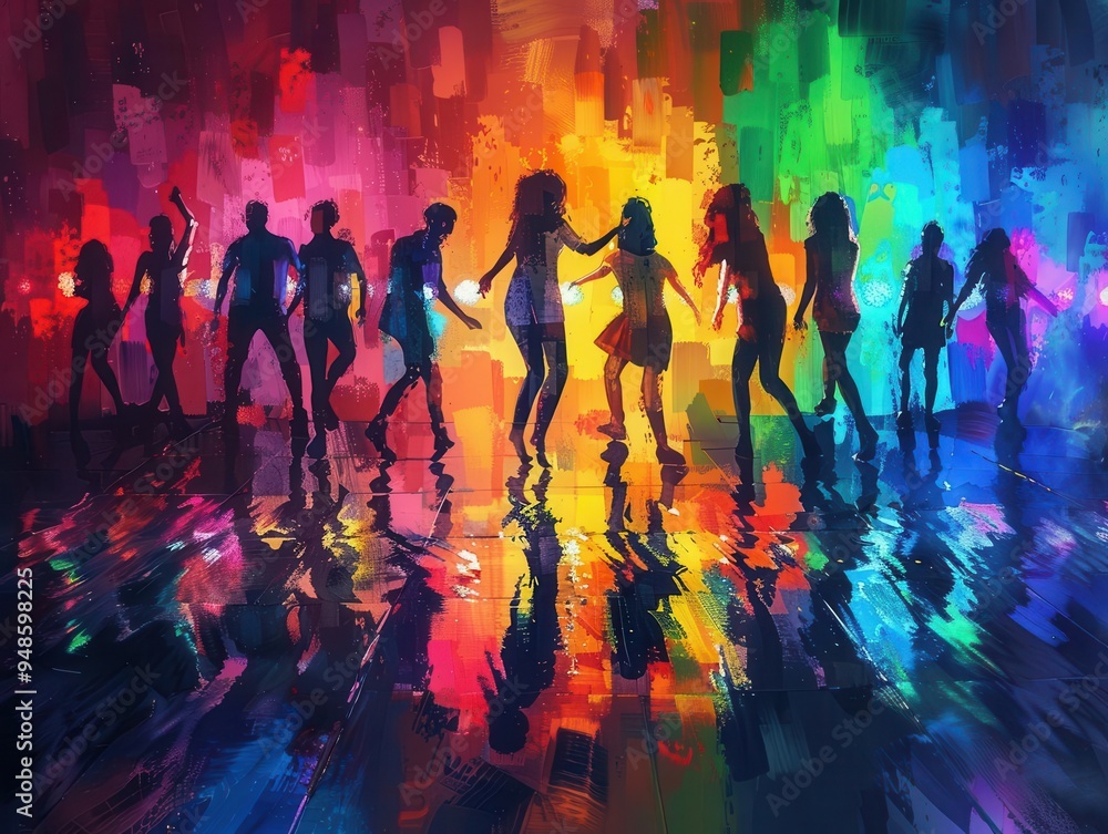 Obraz premium Silhouette of people dancing on a vibrant dance floor, colorful lights in the background, energetic and lively, dynamic movement, party atmosphere, detailed and expressive