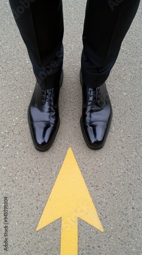 A man stands confidently on asphalt, with feet together beneath a vibrant yellow arrow directing upward in an urban landscape