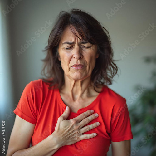 Mulher passando mal. Mulher com a mão no peito. Mulher tendo infarto. Mulher 50 anos infartando. Mulher camisa vermelha.  photo