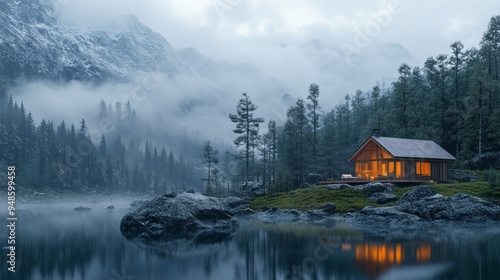 A cabin is nestled in the woods, with a lake in the background