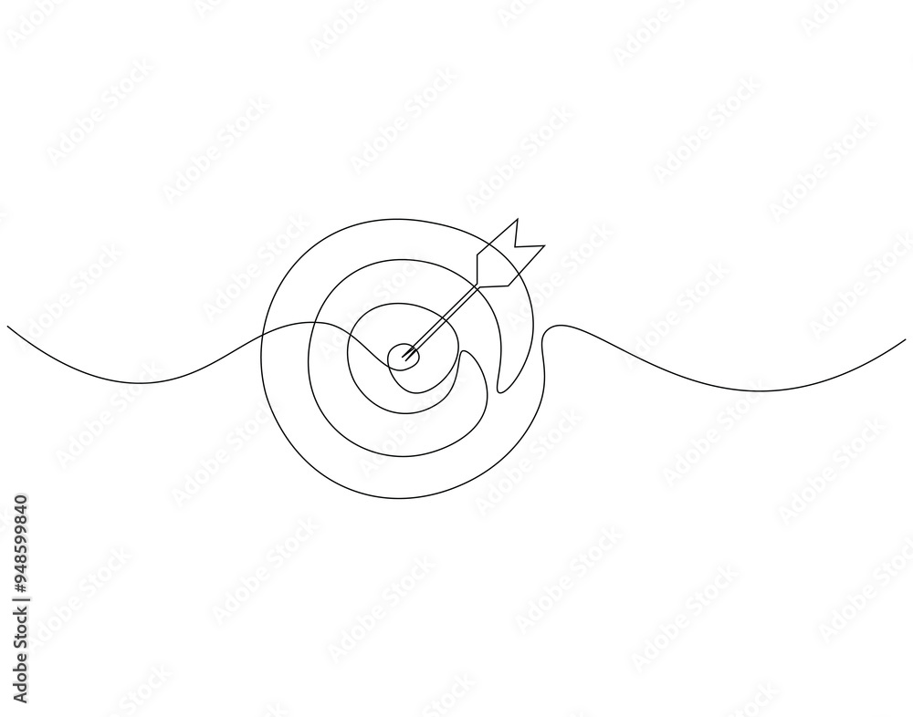 Obraz premium Continuous line drawing of arrow on target circle. Single line illustration of arrow on target. business market concept. Editable outline