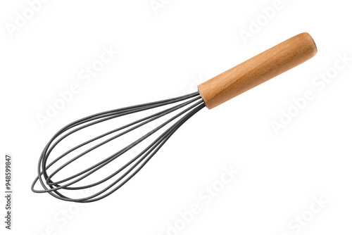 Kitchen whisk with wooden handle on a transparent background. Kitchen tool concept. isolated object photo