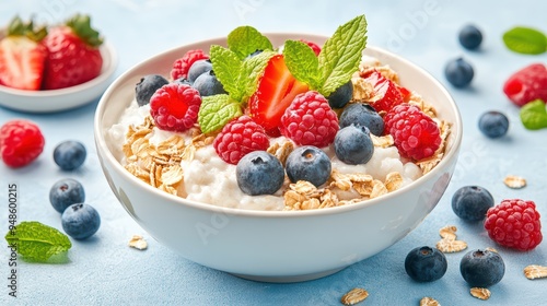 Delicious yogurt bowl topped with fresh berries, oats, and mint leaves, perfect for a healthy breakfast or snack.