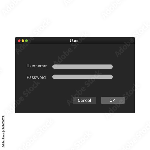 User interface panel with password in modern style with black colors. Authorization window in dark style.