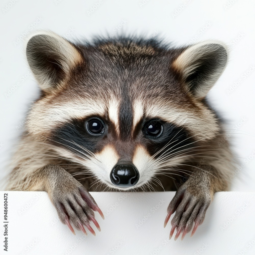 Fototapeta premium A curious raccoon peering over a surface, showcasing its expressive eyes and distinctive facial markings in a captivating close-up.
