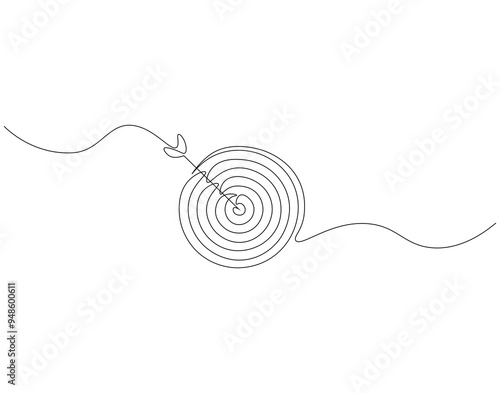 Continuous line drawing of arrow on target circle. Single line illustration of arrow on target. business market concept. Editable outline