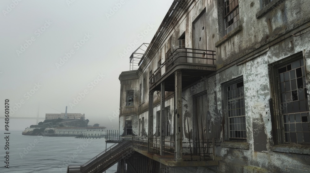 A weathered building with a balcony overlooking a foggy island. A weathered building with a balcony overlooking a foggy island.