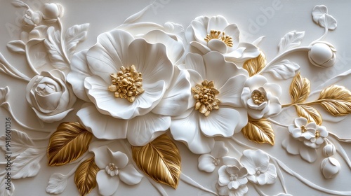 A stunning and captivating 3D illustration that features exquisite golden flowers and delicate branches, making it a perfect choice for a decorative art piece or a charming postcard