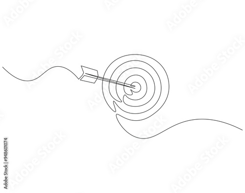 Continuous line drawing of arrow on target circle. Single line illustration of arrow on target. business market concept. Editable outline