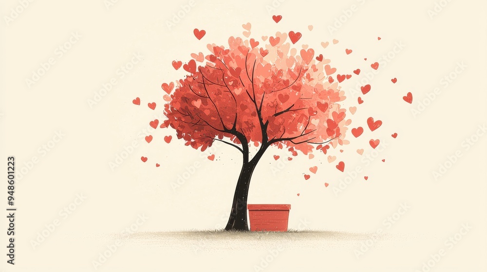 Obraz premium A tree with hearts as leaves, growing from a donation box, symbolizing the growth of charity through giving. The style is whimsical with a soft color palette, and space on the side for text