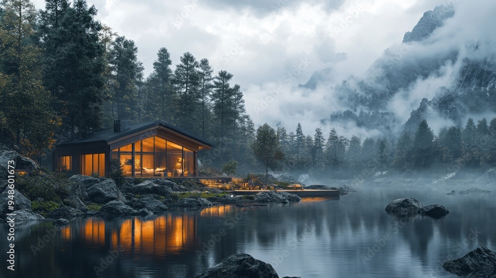 Fototapeta premium A cabin is surrounded by trees and a lake