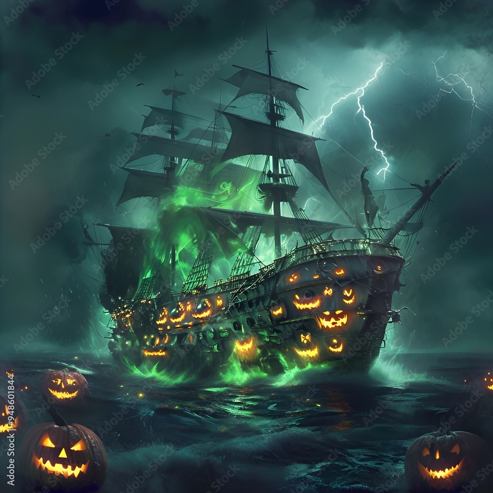 ghostly pirate ship sailing through a foggy sea under a stormy ...