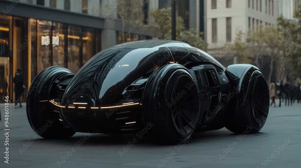 A sleek, futuristic black car with oversized wheels and advanced LED lighting is showcased in a modern courtyard encircled by glass architecture. A sleek, futuristic black car with oversized wheels and advanced LED lighting is showcased in a modern courtyard encircled by glass architecture.