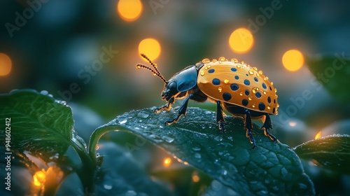 Golden Tortoise Beetle in a vibrant garden with fiery light and lush foliage photo